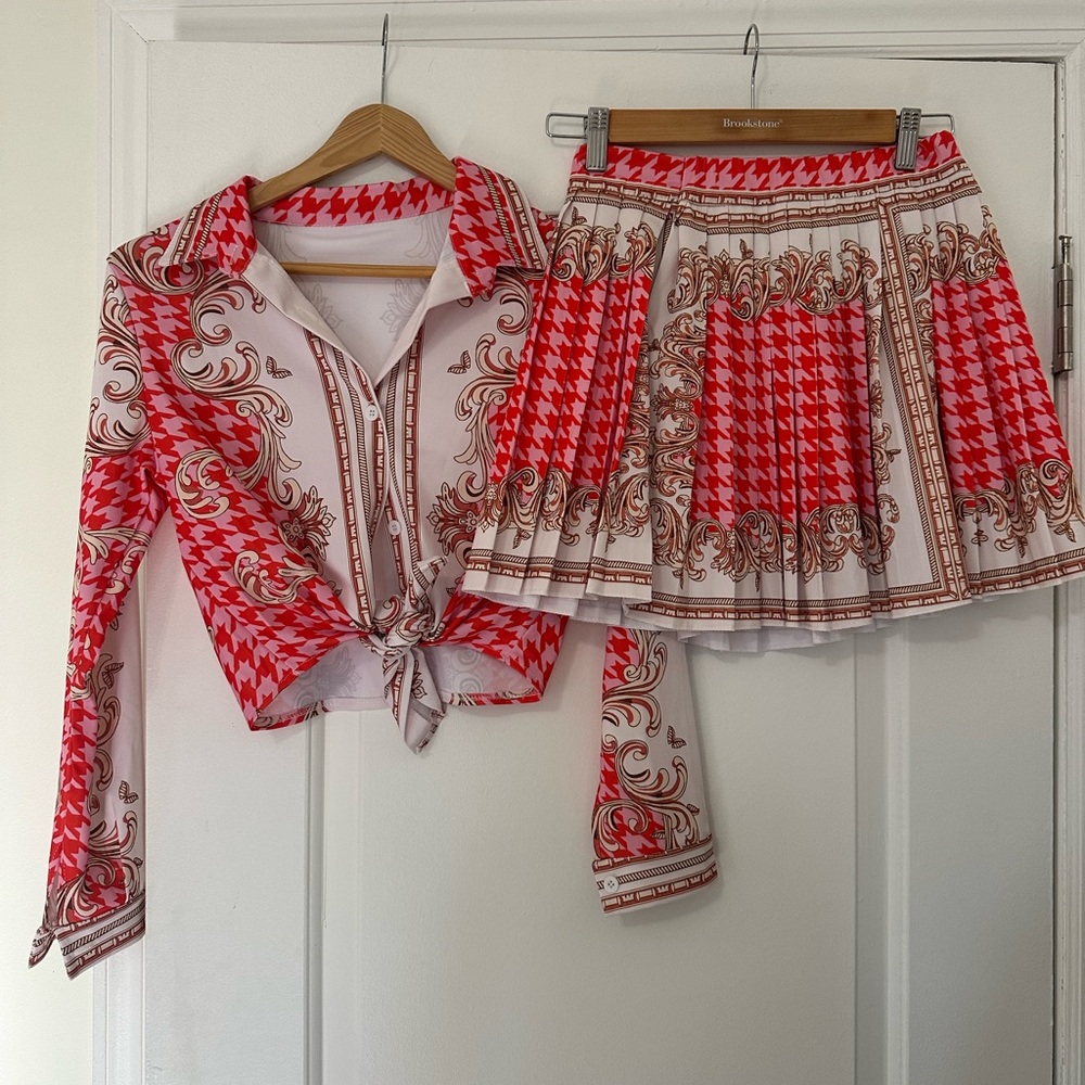 Two-Piece Pink & Cream Printed Skirt Set